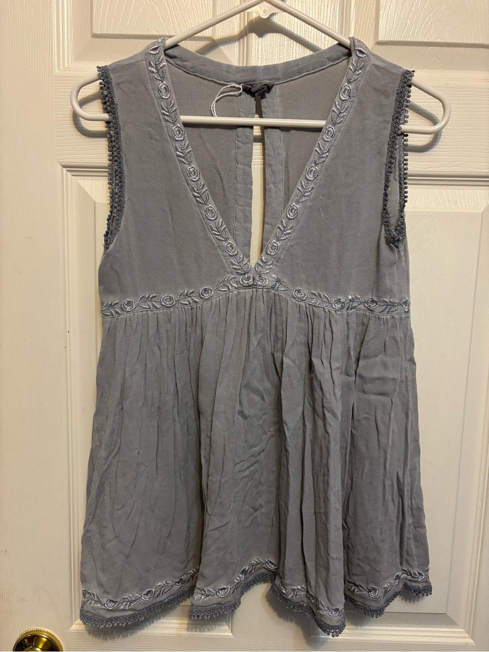 POL Soft Grey Embroidered V-Neck Babydoll Top